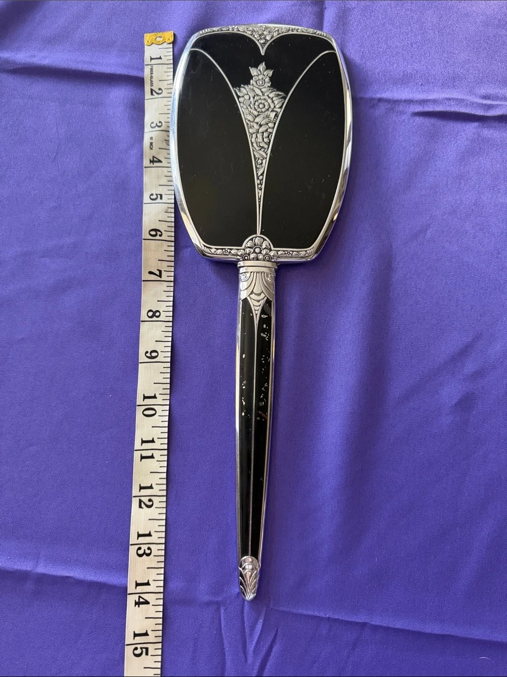 Vintage Art Defo Evans Vanity Hand Mirror  Silver Tone Floral Detail